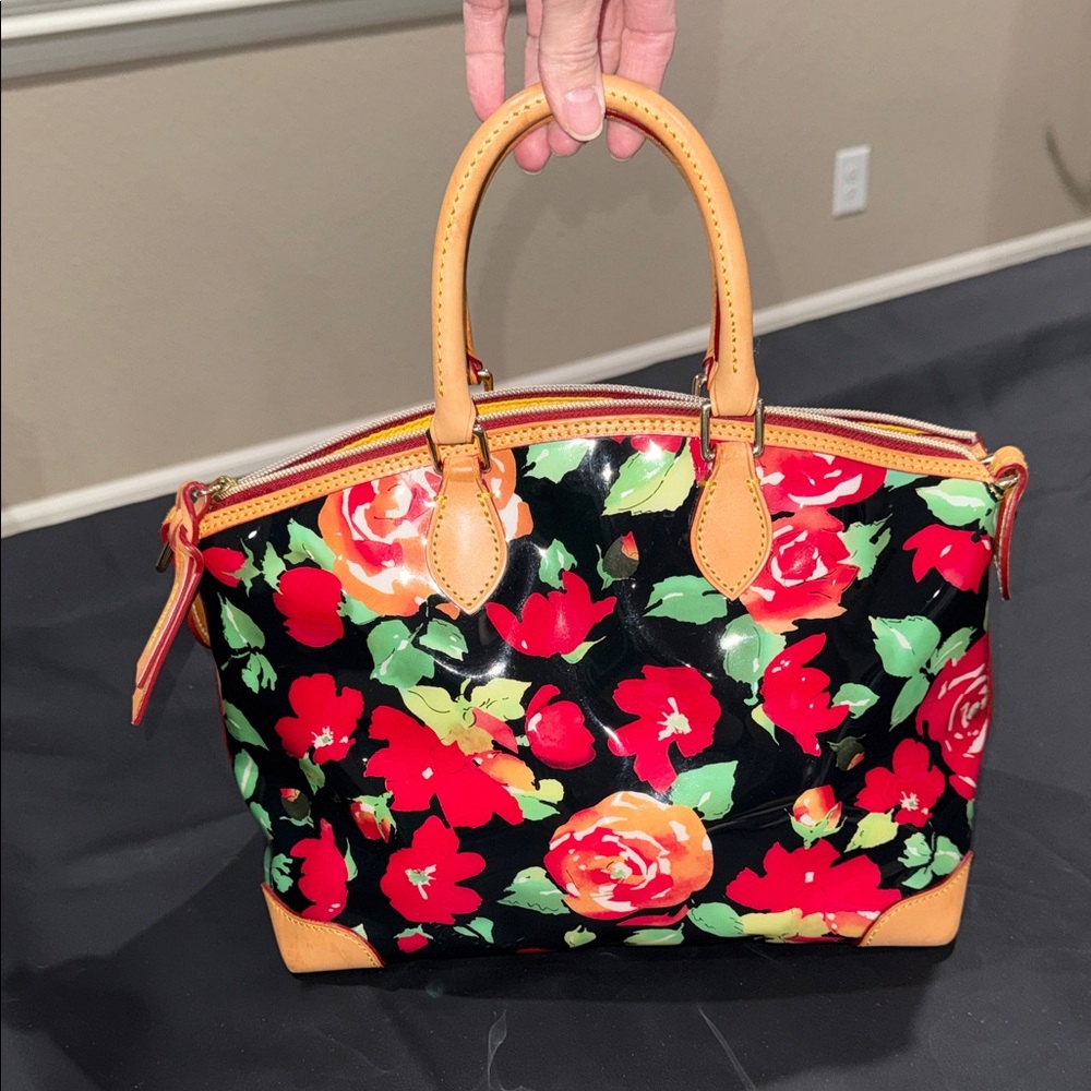 Dooney & Bourke Garden Rose Black Floral Polyvinyl Satchel with Tan Trim - Picture 3 of 9